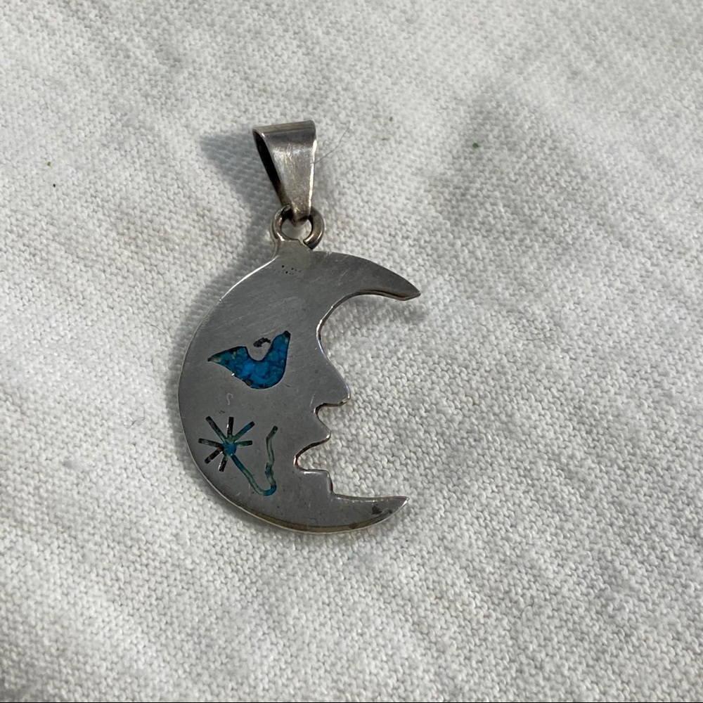 Moon pendant with turquoise composite inlay